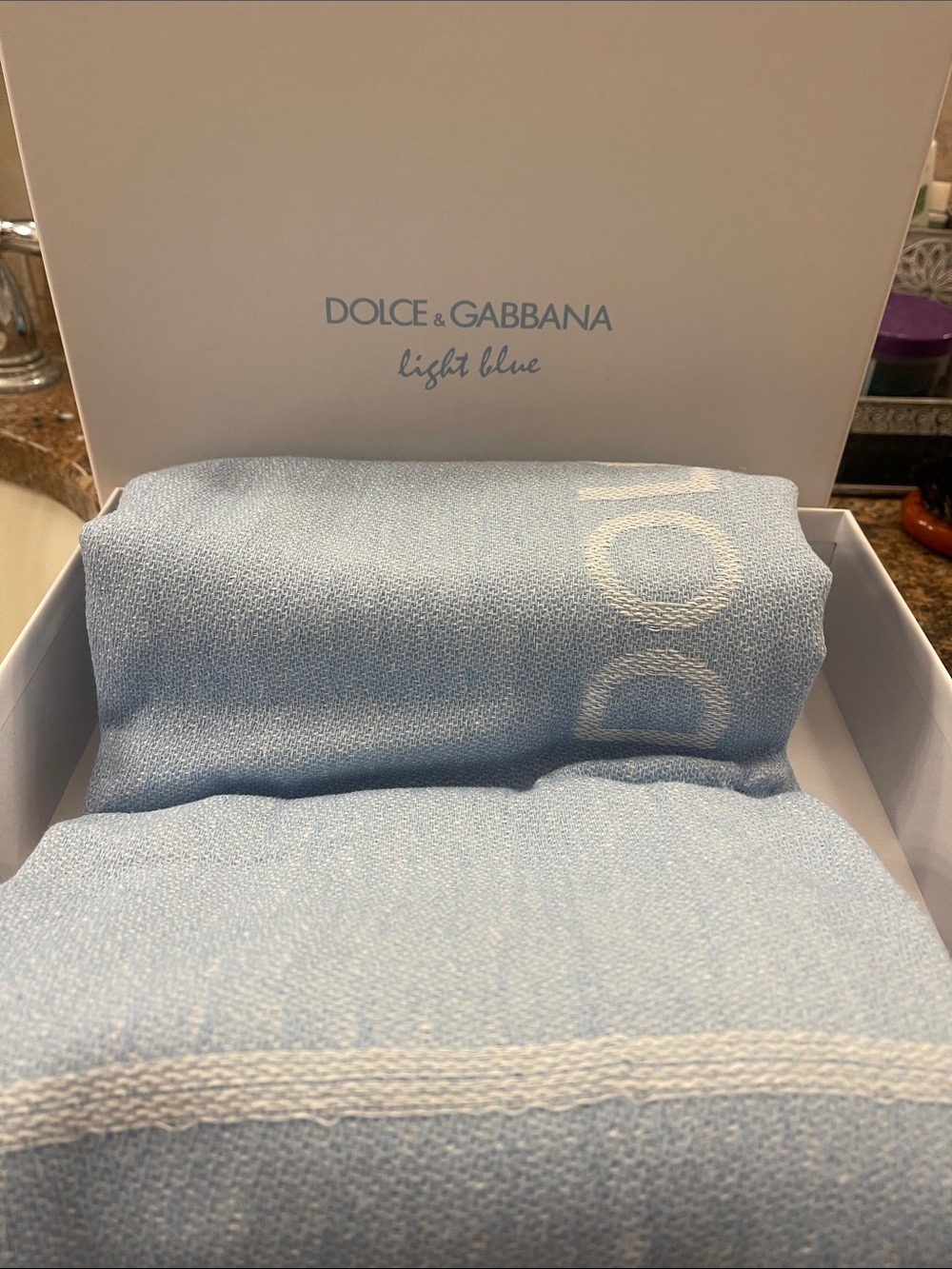 NEW Dolce & Gabbana Light Blue Knit beach towel with Logo